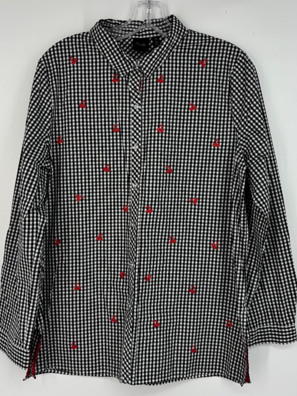 Rafaella Womens Large Button Shirt Black White Gingham Check Cherry Embroidery